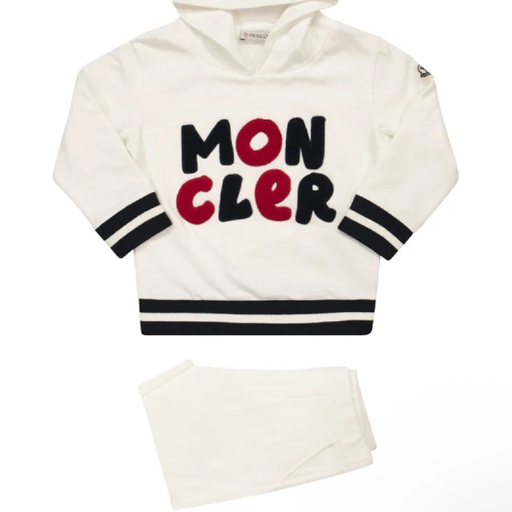 Moncler Kids Cream Hoodie with Red and Black Logo
